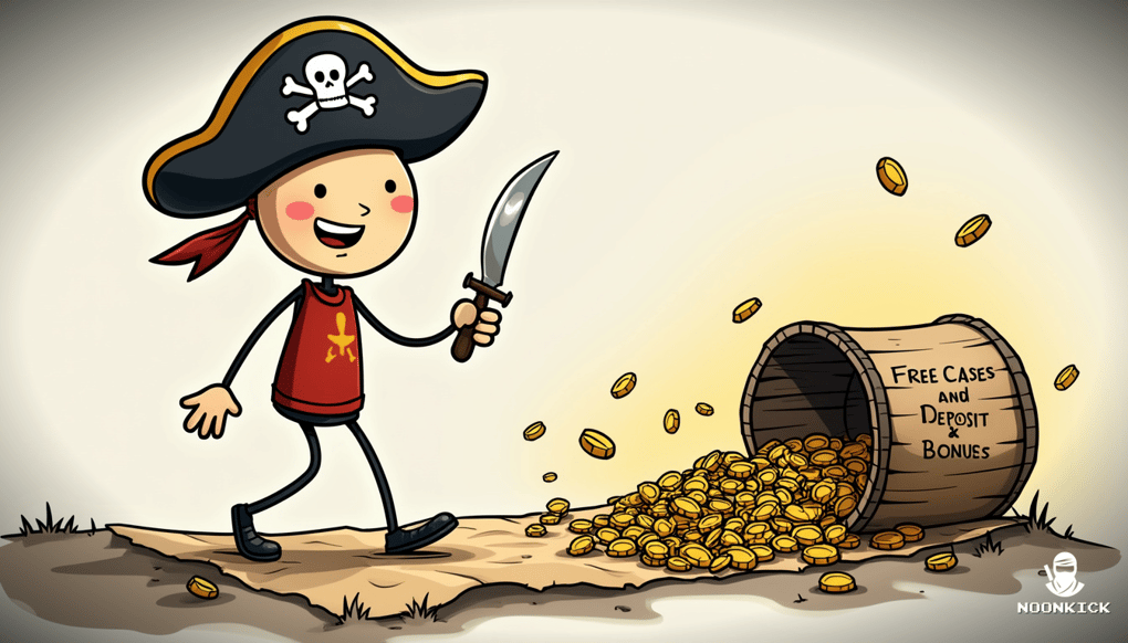 A SIMPLE DRAWING OF A PLAYER WITH A TREASURE MAP, FOLLOWING A PATH MARKED WITH BONUSES LIKE FREE CASES AND DEPOSIT BONUSES, LEADING TO A PILE OF RUST SKINS, ADDING A HUMOROUS ELEMENT WITH THE PLAYER WEARING A PIRATE HAT