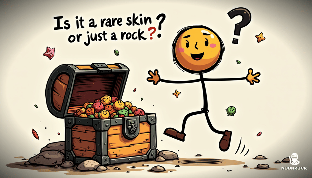 A SIMPLE DRAWING OF A RUST CASE OPENING PROCESS WITH A HUMOROUS TWIST, SHOWING A TREASURE CHEST WITH A QUESTION MARK ABOVE IT AND A PLAYER LOOKING EXCITED