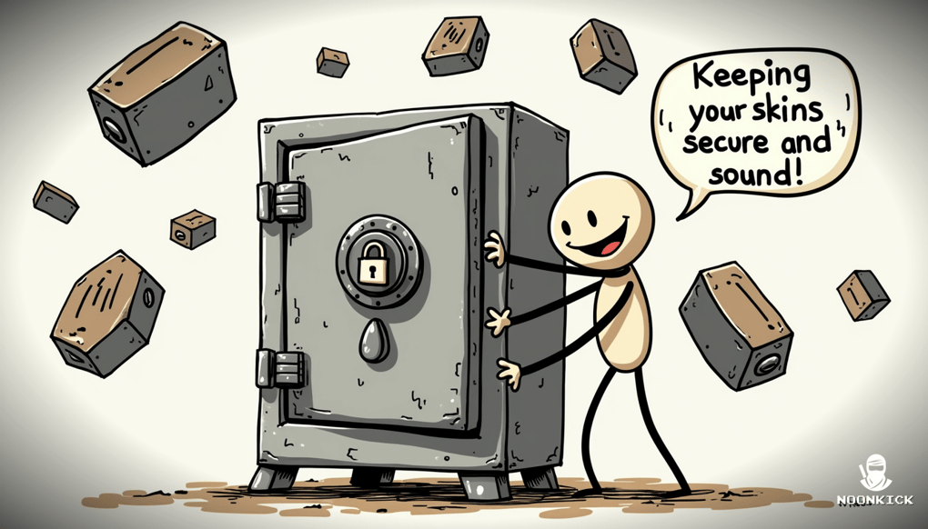 A SIMPLE DRAWING OF A SAFE WITH A LOCK, A SMILING USER HUGGING THE SAFE, AND A CAPTION SAYING 