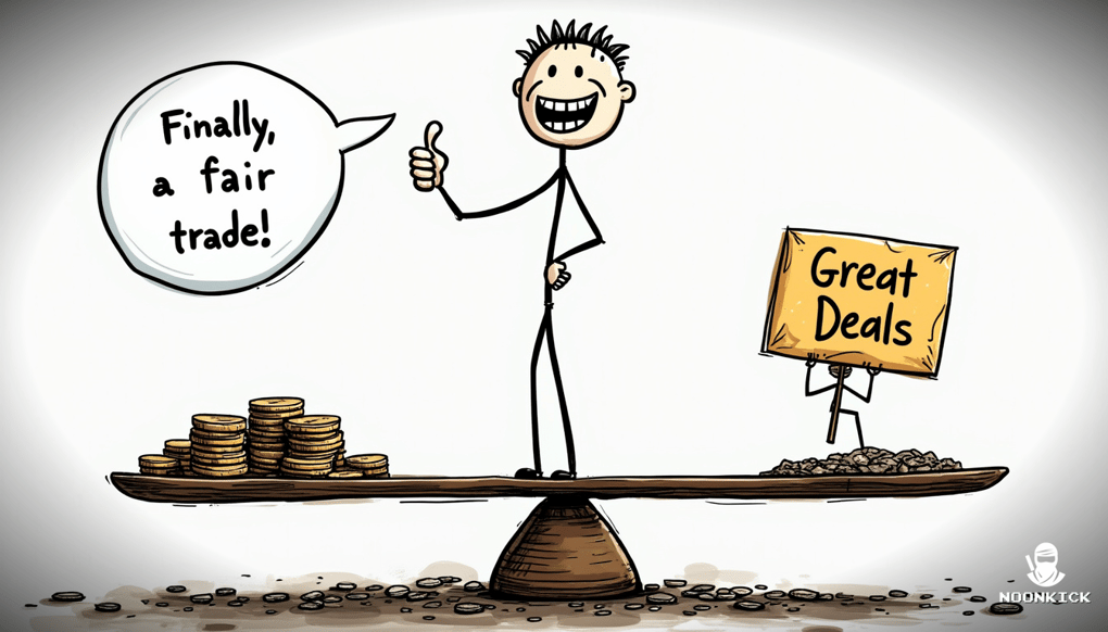 A SIMPLE DRAWING OF A SCALE BALANCING LOW FEES ON ONE SIDE AND A HAPPY USER WITH A THUMBS UP ON THE OTHER, ADDING A HUMOROUS TOUCH