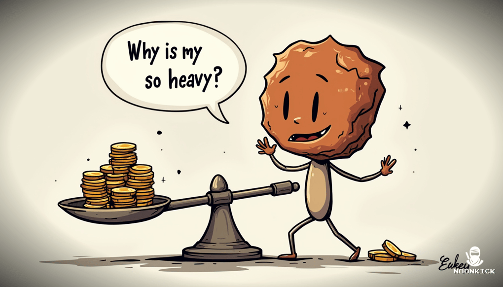 A SIMPLE DRAWING OF A SCALE BALANCING RISK AND REWARD IN RUST GAMBLING, WITH A HUMOROUS TOUCH LIKE A RUST SKIN WEIGHING DOWN ONE SIDE AND A PILE OF COINS ON THE OTHER