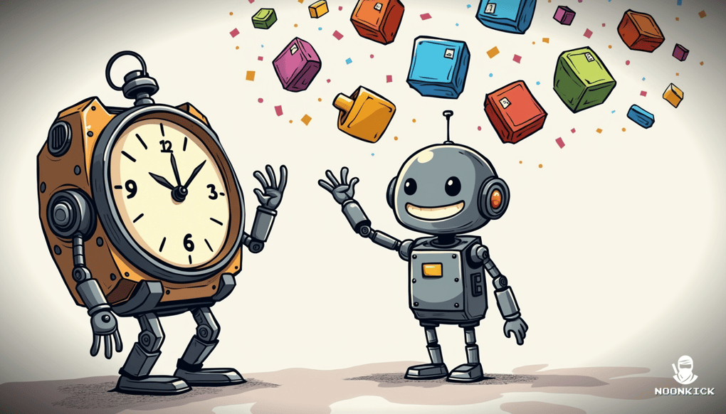 A SIMPLE DRAWING OF A TRADING BOT WITH A CLOCK FOR A FACE, JUGGLING CS:GO SKINS, TO ILLUSTRATE HOW IT SAVES TIME AND REDUCES ERRORS IN A HUMOROUS WAY
