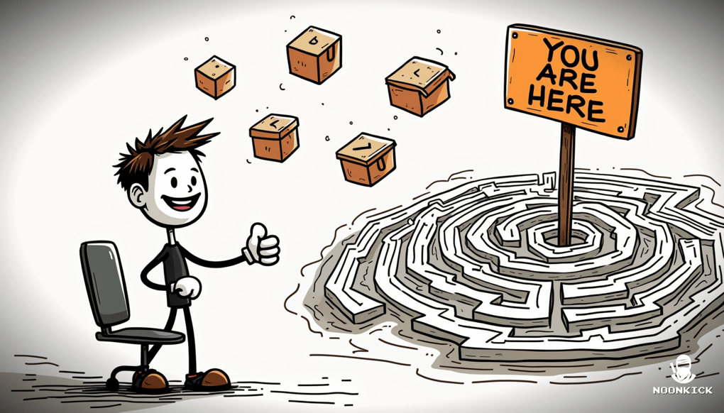 A SIMPLE DRAWING OF A USER NAVIGATING EASILY THROUGH A WEBSITE WITH A SMILE, SHOWING A MAZE WITH A BIG 
