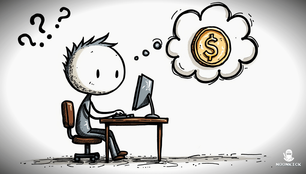 A simple drawing showing a character selecting the amount of coins on a computer screen, with a humorous expression of indecision