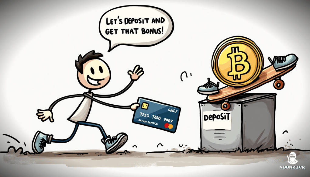 A SIMPLE DRAWING SHOWING A CREDIT CARD AND A BITCOIN RACING TOWARDS A DEPOSIT BOX, WITH THE CREDIT CARD WEARING RUNNING SHOES AND THE BITCOIN ON A SKATEBOARD, ADDING A HUMOROUS TOUCH TO THE DEPOSIT PROCESS