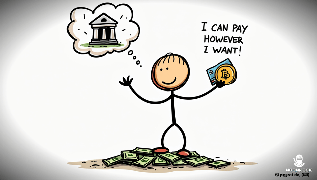 A SIMPLE DRAWING SHOWING A DEBIT CARD WEARING SUNGLASSES AND A CRYPTO COIN WITH A SUPERHERO CAPE, ILLUSTRATING THE COOLNESS AND SECURITY OF DIFFERENT PAYMENT METHODS