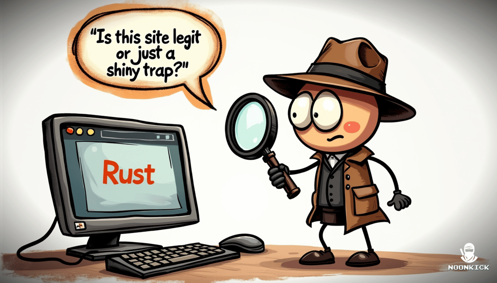 A SIMPLE DRAWING SHOWING A DETECTIVE-LIKE CHARACTER WITH A MAGNIFYING GLASS INSPECTING A WEBSITE FOR LEGITIMACY, WITH A COMICAL EXPRESSION TO ADD HUMOR