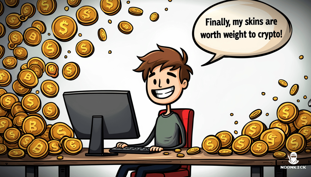 A SIMPLE DRAWING SHOWING A GAMER AT A COMPUTER, WITH RUST SKINS ON ONE SIDE AND CRYPTO COINS ON THE OTHER, SMILING AS THE SKINS TRANSFORM INTO COINS, ADDING A HUMOROUS TOUCH