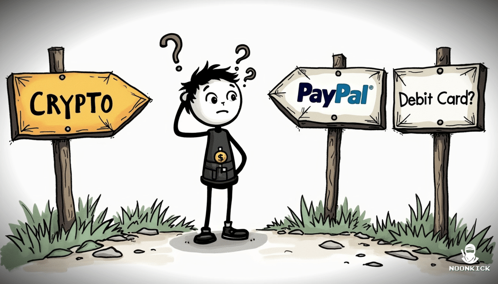 A SIMPLE DRAWING SHOWING A PERSON AT A CROSSROADS WITH SIGNS POINTING TO DIFFERENT PAYMENT METHODS LIKE CRYPTO, BANK TRANSFER, AND PAYPAL, ADDING A HUMOROUS TOUCH WITH THE PERSON SCRATCHING THEIR HEAD