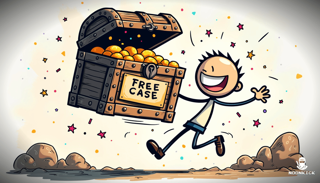 A SIMPLE DRAWING SHOWING A PERSON EXCITEDLY OPENING A TREASURE CHEST LABELED 