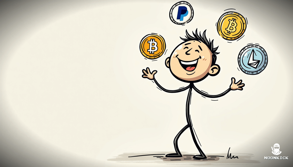 A SIMPLE DRAWING SHOWING A PERSON JUGGLING ICONS OF PAYPAL, BITCOIN, ETHEREUM, AND LITECOIN WITH A HUMOROUS EXPRESSION, CAPTIONED 