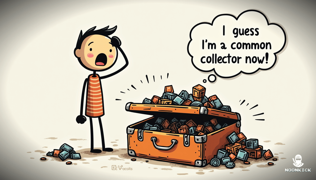 A SIMPLE DRAWING SHOWING A PERSON OPENING A RUST CASE WITH COMMON ITEMS FALLING OUT ON ONE SIDE AND A SINGLE RARE ITEM ON THE OTHER, WITH THE PERSON HAVING A MIXED EXPRESSION OF EXCITEMENT AND DISAPPOINTMENT, ADDING A TOUCH OF HUMOR TO THE PROCESS