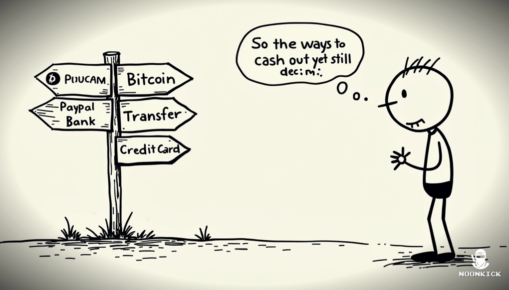 A SIMPLE DRAWING SHOWING A PERSON STANDING IN FRONT OF A SIGNPOST WITH MULTIPLE ARROWS LABELED WITH DIFFERENT PAYMENT OPTIONS, LOOKING CONFUSED BUT AMUSED, CAPTIONED 