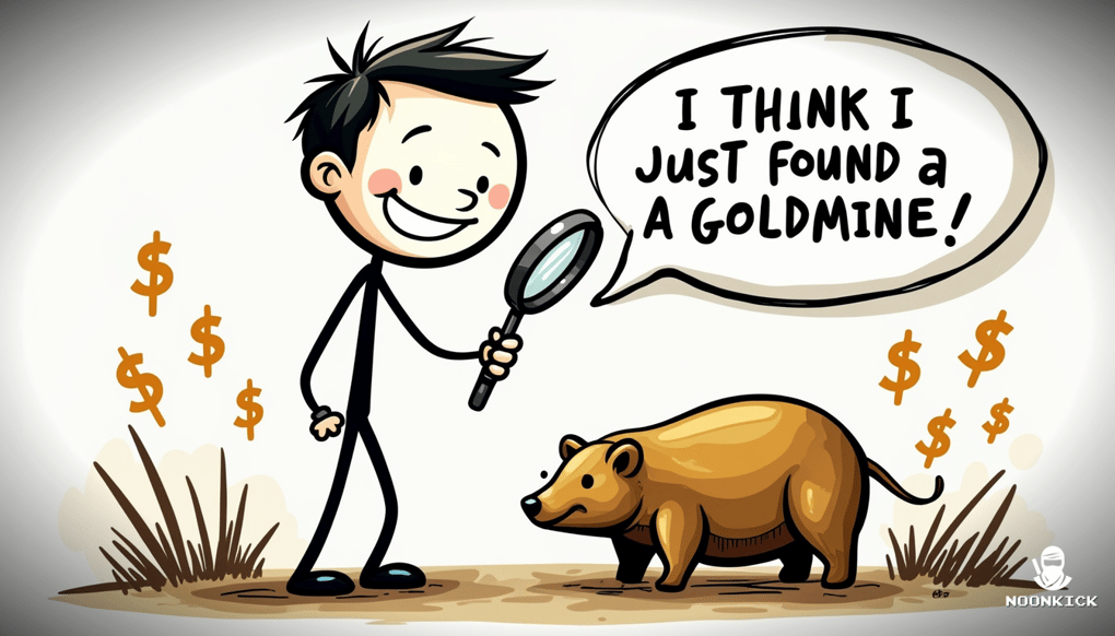 A SIMPLE DRAWING SHOWING A PERSON WITH A MAGNIFYING GLASS EXAMINING A RARE SKIN, WITH DOLLAR SIGNS FLOATING AROUND, AND THE PERSON HAVING AN EXAGGERATEDLY EXCITED EXPRESSION