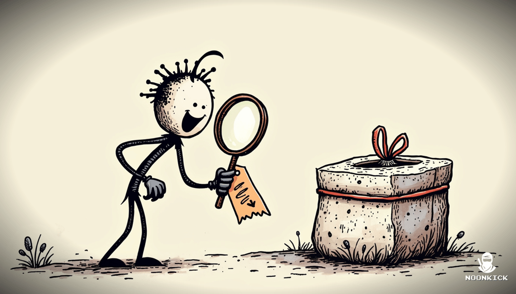 A SIMPLE DRAWING SHOWING A PERSON WITH A MAGNIFYING GLASS EXAMINING A RUST SKIN, WITH A HUMOROUS EXPRESSION OF EXCITEMENT WHEN THE PRICE DROPS