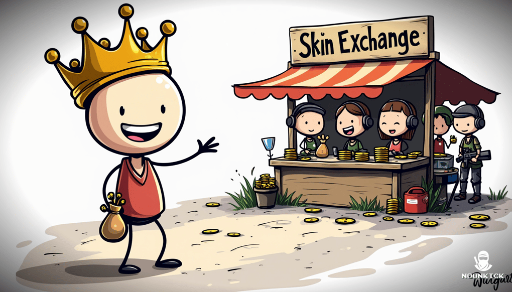 A SIMPLE DRAWING SHOWING A PLAYER EXCHANGING RUST SKINS FOR CRYPTOCURRENCY, WITH A HUMOROUS ELEMENT LIKE A PLAYER WEARING A CROWN MADE OF SKINS
