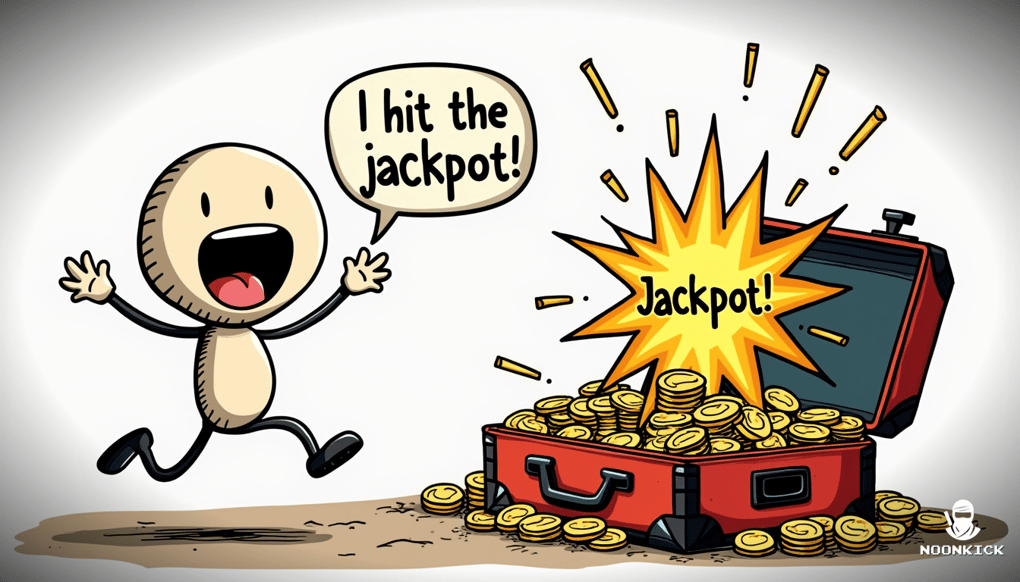 A SIMPLE DRAWING SHOWING A PLAYER EXCITEDLY OPENING A RUST CASE WITH A JACKPOT SYMBOL POPPING OUT, ADDING HUMOR TO THE THRILL OF THE GAME