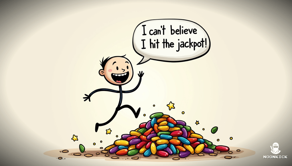 A SIMPLE DRAWING SHOWING A PLAYER EXCITEDLY WINNING A JACKPOT WITH A PILE OF SKINS, WITH A HUMOROUS EXPRESSION OF SHOCK AND JOY