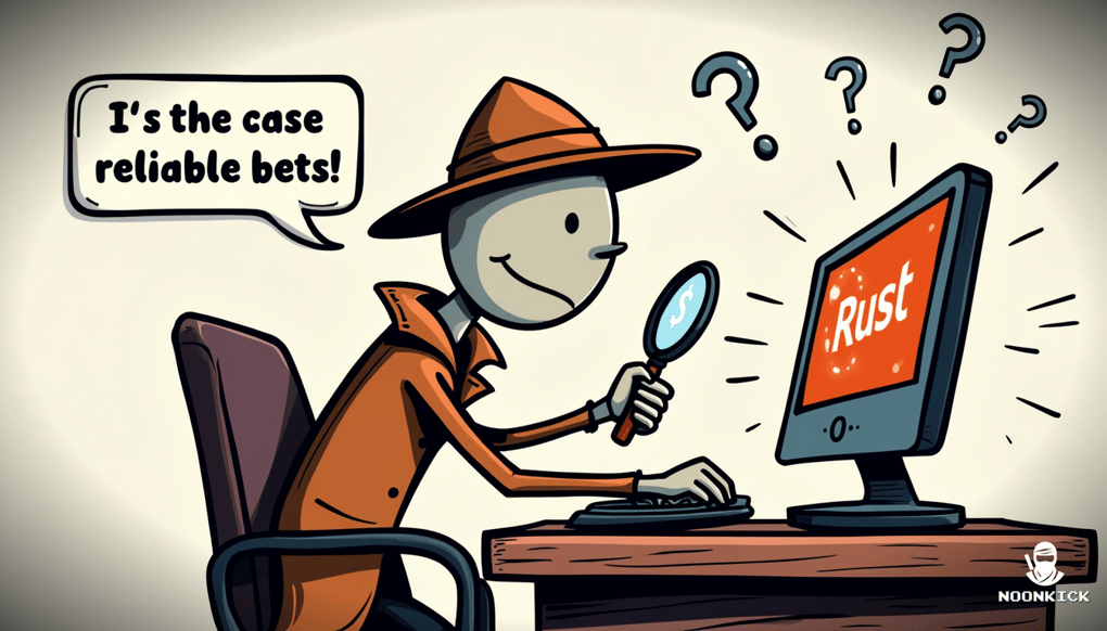 A SIMPLE DRAWING SHOWING A PLAYER WITH A MAGNIFYING GLASS EXAMINING A RUST GAMBLING SITE, WITH A HUMOROUS TWIST OF THE PLAYER WEARING DETECTIVE HAT AND COAT, LABELED 
