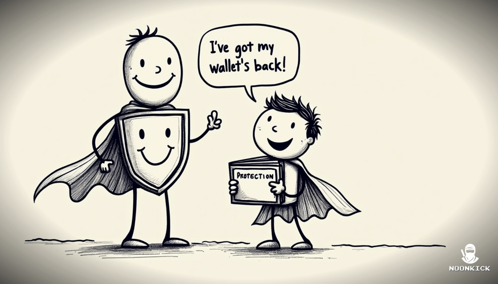 A SIMPLE DRAWING SHOWING A SHIELD WITH A SMILEY FACE PROTECTING A WALLET LABELED 