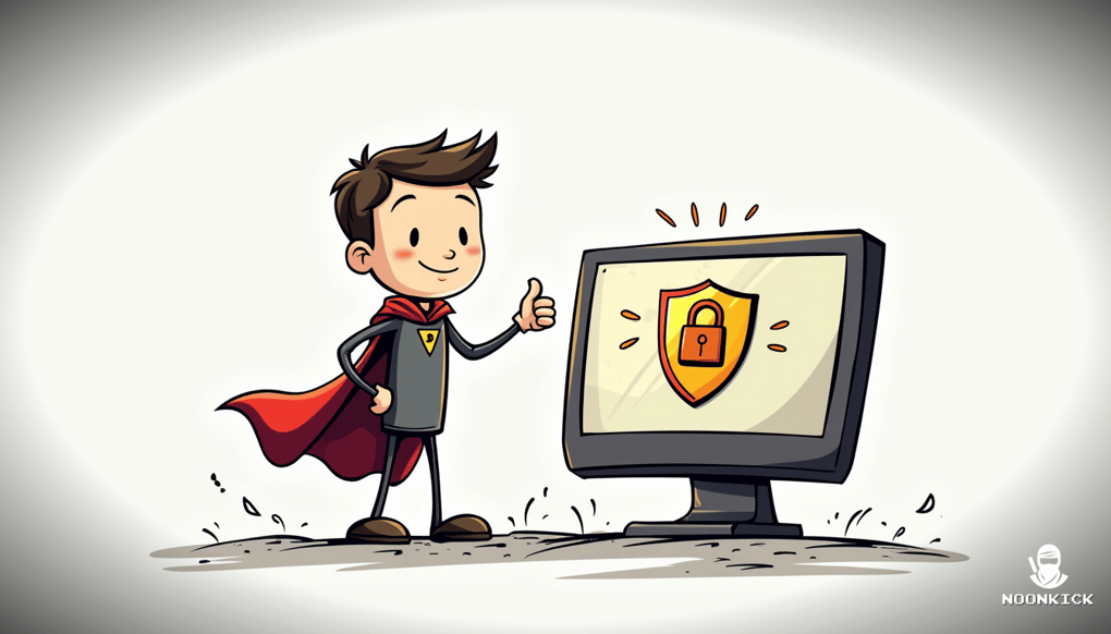 A SIMPLE DRAWING SHOWING A SHIELD WITH A SMILING FACE PROTECTING A COMPUTER SCREEN DISPLAYING A LOCK SYMBOL, ADDING HUMOR BY HAVING THE COMPUTER GIVE A THUMBS UP