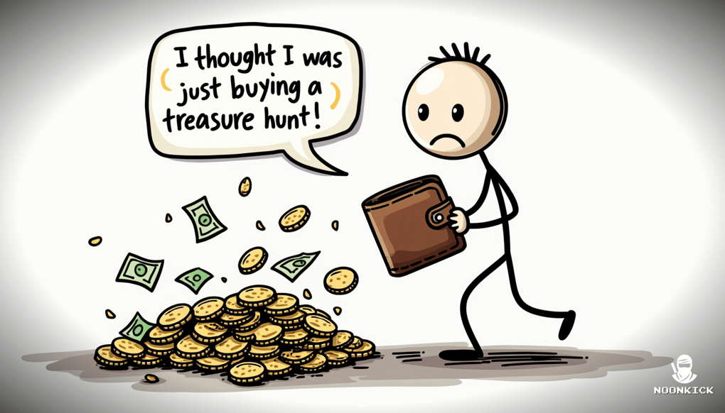 A SIMPLE DRAWING SHOWING A WALLET BEING DRAINED BY HIDDEN FEES, WITH A HUMOROUS TOUCH LIKE A WALLET WITH A SAD FACE