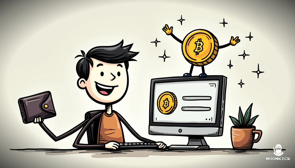 A SIMPLE DRAWING SHOWING A WALLET CONNECTED TO A COMPUTER SCREEN WITH ARROWS INDICATING THE FLOW OF A CRYPTO TRANSACTION, INCLUDING A SMILING COIN CHARACTER WAVING TO ADD HUMOR.