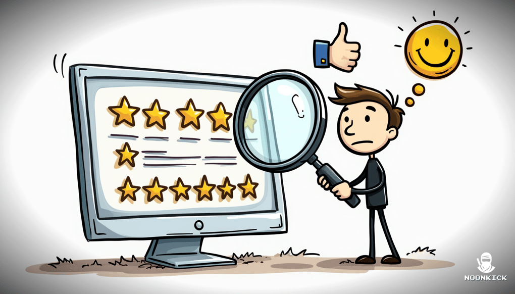 A SIMPLE DRAWING SHOWING THE IMPORTANCE OF REPUTATION AND REVIEWS, WITH A HUMOROUS TOUCH OF A THUMBS UP AND A STAR RATING