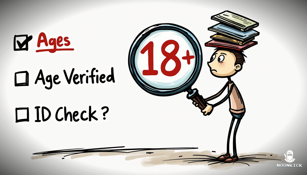 A SIMPLE DRAWING SHOWING THE PROCESS OF CHECKING AGE REQUIREMENTS AND ID VERIFICATION, WITH A HUMOROUS TWIST OF A CHARACTER HOLDING A GIANT MAGNIFYING GLASS TO READ THE FINE PRINT