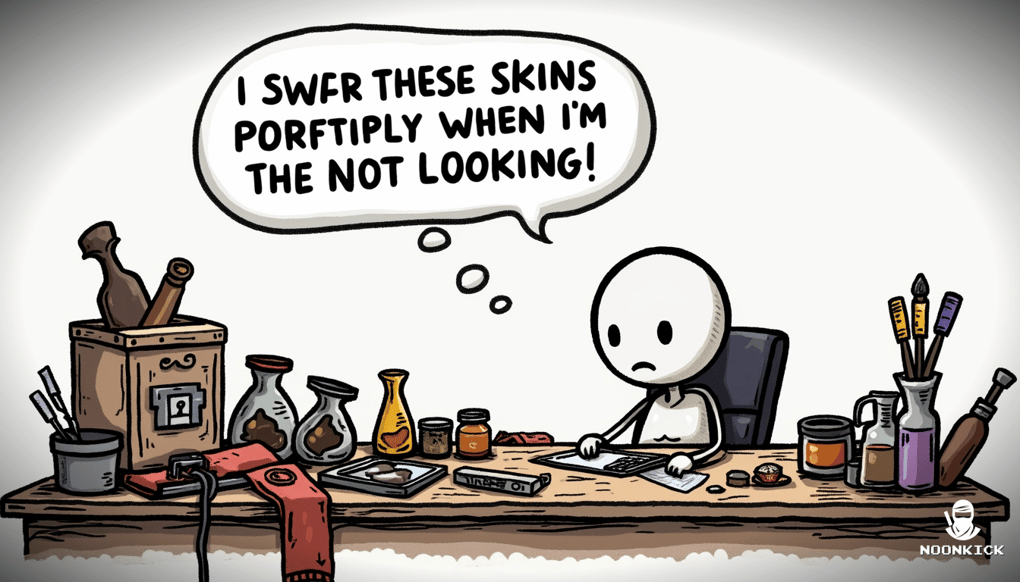 A SIMPLE DRAWING SHOWING THE PROCESS OF CRAFTING AND UPGRADING SKINS WITH A HUMOROUS TWIST ABOUT THE EFFORT INVOLVED