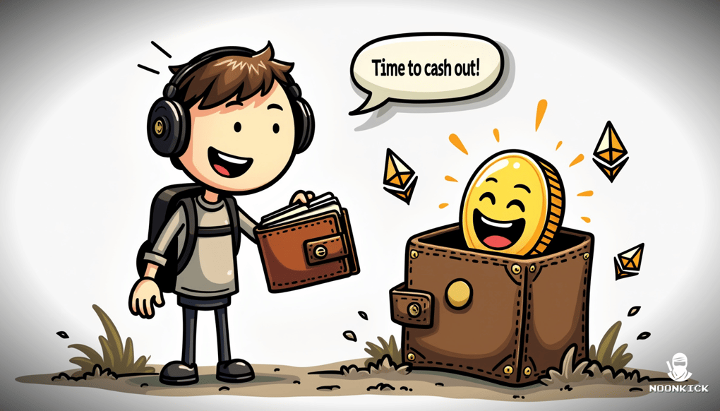 A SIMPLE DRAWING SHOWING THE PROCESS OF SELLING RUST SKINS FOR CRYPTO, WITH A RUST SKIN CHARACTER HAPPILY DIVING INTO A CRYPTO WALLET LABELED WITH BITCOIN AND ETHEREUM SYMBOLS