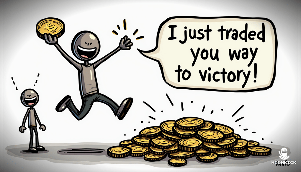 A SIMPLE DRAWING SHOWING THE PROCESS OF TRADING AND BETTING ON CSGOLOUNGE, WITH A HUMOROUS ELEMENT LIKE A PLAYER CELEBRATING A BIG WIN