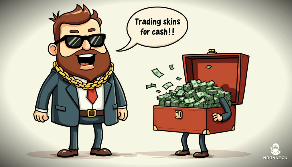 A SIMPLE DRAWING SHOWING THE PROCESS OF TRADING RUST SKINS FOR CASH, WITH A HUMOROUS TOUCH LIKE A RUST SKIN CHARACTER WEARING A BUSINESS SUIT AND HOLDING A BRIEFCASE FULL OF MONEY