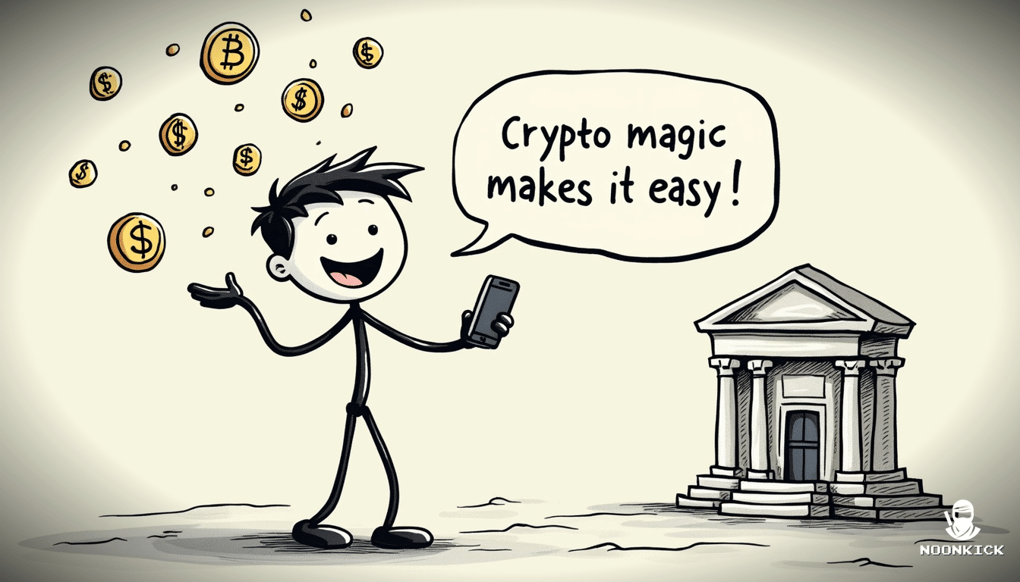 A SIMPLE DRAWING SHOWING THE PROCESS OF USING CRYPTOCURRENCY FOR DEPOSITS AND WITHDRAWALS, WITH A HUMOROUS DEPICTION OF A PLAYER EASILY MOVING FUNDS WITH A SMILE
