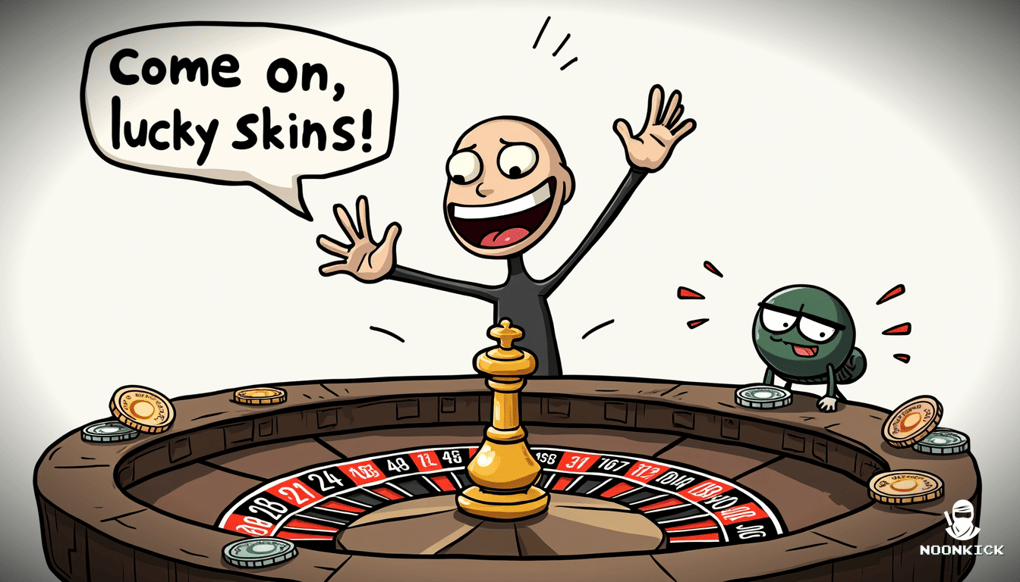 A SIMPLE DRAWING SHOWING THE PROCESS OF USING RUST SKINS IN A ROULETTE GAME, WITH A HUMOROUS TOUCH OF A PLAYER CHEERING FOR LUCK