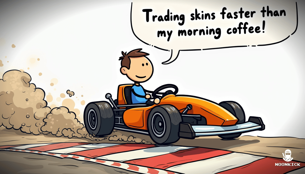 A SIMPLE SKETCH ILLUSTRATING THE STEP-BY-STEP PROCESS OF TRADING SKINS ON SKINPORT, WITH A FUNNY COMMENTARY ABOUT THE SPEED OF TRANSACTIONS
