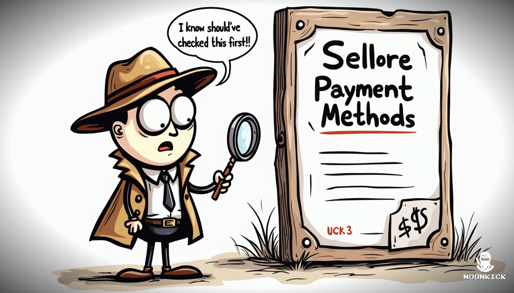 A sketch of a character holding a magnifying glass, inspecting a seller's certificate with a humorous detective theme