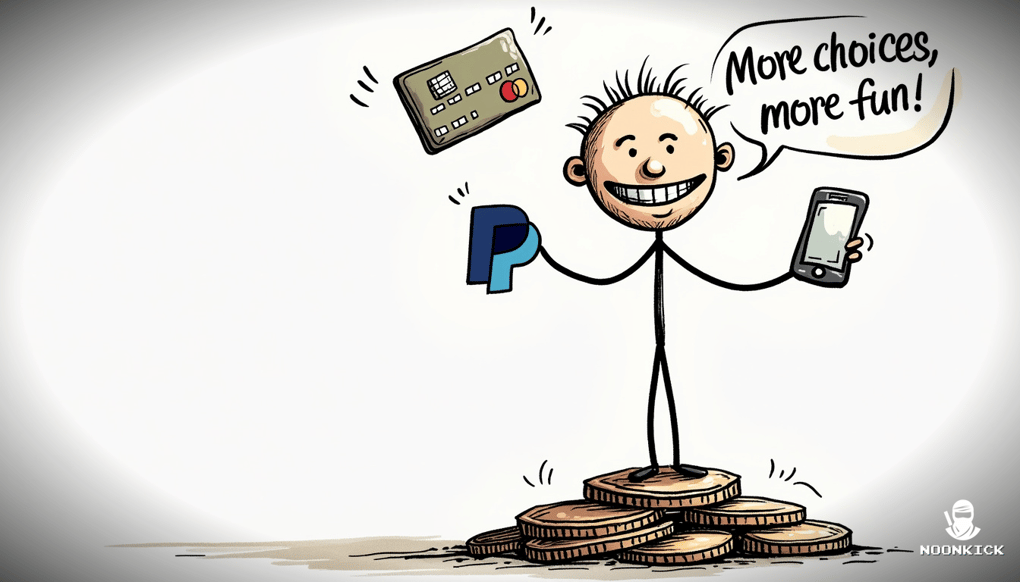ALT TEXT OF A SIMPLE DRAWING EXPLANING A PROCESS: Sketch of a person juggling credit cards, a phone, and a PayPal logo, humorously illustrating the variety of payment options.