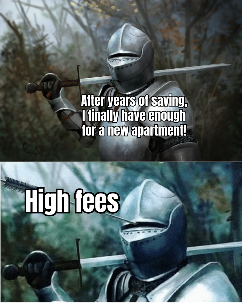 FUNNY MEME ABOUT HIGH FEES WITH A COMIC CHARACTER LOOKING SHOCKED