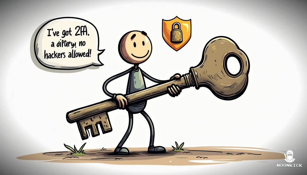 Simple drawing of a lock and key representing 2FA security, with a smiling character feeling secure