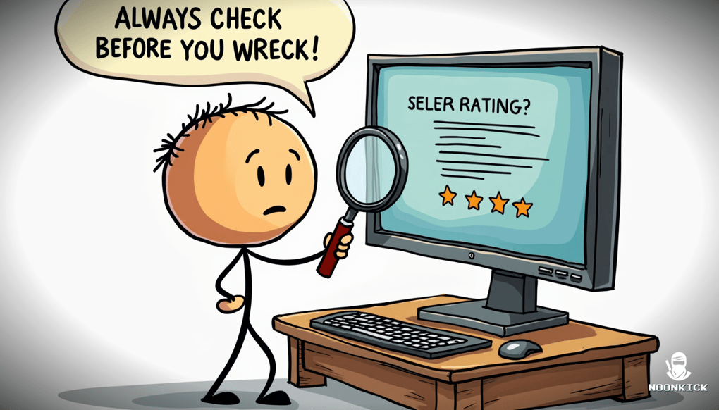 SIMPLE DRAWING SHOWING THE PROCESS OF CHECKING SELLER RATINGS BEFORE PURCHASE