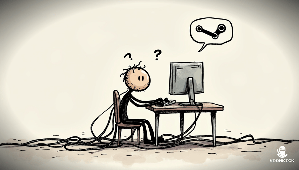 SIMPLE DRAWING SHOWING THE STEPS TO CONNECT A STEAM ACCOUNT WITH A FUNNY CHARACTER STRUGGLING WITH TECHNOLOGY